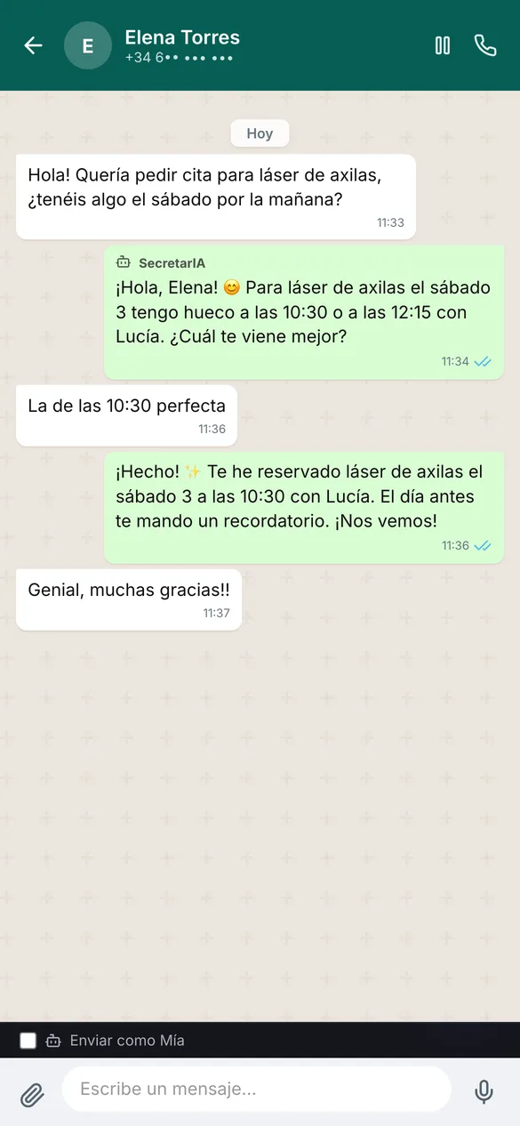 Conversación de WhatsApp en la app de SecretarIA en el móvil